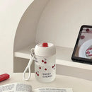 Ljojo 380ml Cherry Glass Water Bottle with Lid and Straw