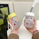 Ljojo 380ml Cherry Glass Water Bottle with Lid and Straw