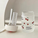 Ljojo 380ml Cherry Glass Water Bottle with Lid and Straw