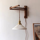 Ljojo Minimalist Walnut Wall Lamps with Retractable Arm & Pleat Lampshade