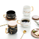 Ljojo 300ml Marble Ceramic Tea Coffee Cups with Wood Saucers, Black White Gold Inlay