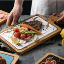 Ljojo Marbling Black Bronzing Wooden Tray, Rectangular Handle Steak Plate karadığında Western Plate.