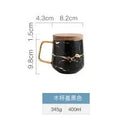 Ljojo 300ml Marble Ceramic Tea Coffee Cups with Wood Saucers, Black White Gold Inlay