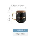 Ljojo 300ml Marble Ceramic Tea Coffee Cups with Wood Saucers, Black White Gold Inlay