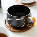 Ljojo 300ml Marble Ceramic Tea Coffee Cups with Wood Saucers, Black White Gold Inlay