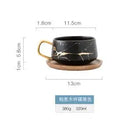 Ljojo 300ml Marble Ceramic Tea Coffee Cups with Wood Saucers, Black White Gold Inlay