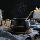 Ljojo 300ml Marble Ceramic Tea Coffee Cups with Wood Saucers, Black White Gold Inlay