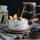 Ljojo 300ml Marble Ceramic Tea Coffee Cups with Wood Saucers, Black White Gold Inlay