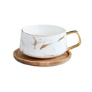 Ljojo 300ml Marble Ceramic Tea Coffee Cups with Wood Saucers, Black White Gold Inlay