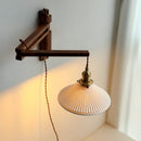 Ljojo Minimalist Walnut Wall Lamps with Retractable Arm & Pleat Lampshade