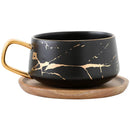 Ljojo 300ml Marble Ceramic Tea Coffee Cups with Wood Saucers, Black White Gold Inlay