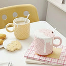 Ljojo 400ML Biscuit Pattern Coffee Mug With Lid, Spoon - Cute Kawaii Ceramic Cup