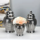 Ljojo™ Silvery Ceramic Hollow Out Storage Jar - Room Decor Bud Vase