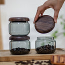 Ljojo 300ml Grey Glass Storage Jar with Acacia Walnut Lid for Dry Food and Snacks