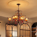 American Retro Morning Glory Glass Chandelier - Elegant Rose Ceramic Flower Pendant Light by Ljojo