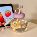 Cute Bear Glass Cup Aesthetic Tumbler With Lid and Straw for Coffee Tea Juice - Ljojo