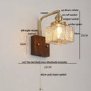 Ljojo LED Walnut Wood Wall Light Amber Glass Stair Sconce with Pull Chain Switch