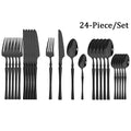 Ljojo 24-Piece Stainless Steel Cutlery Set: Black Silverware Flatware Fork Knife Spoon