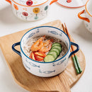 Ljojo 1000ml Ceramic Double Ear Noodle Soup Bowl with Cover - 15cm Microwave Oven Bowl