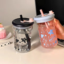 Ljojo 560ml Star Glass Water Bottle with Lid and Straw