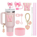 Ljojo 10-Piece Cup Accessories Set with Straws, Brush, Flower Charm, & Spill-Proof Stopper