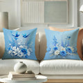 Blue Floral Bird Pillow Covers - Sky Blue Cushion Cases by Ljojo