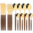 Ljojo 16Pcs Brown Gold Stainless Steel Dinnerware Set with Wooden Handle