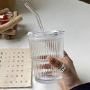 Ljojo 450ml Stripe Glass Cup with Lid and Straw - Drink in Style with this Elegant Glassware.