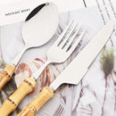 Ljojo 10pcs Bamboo Handle Cutlery Set Stainless Steel Kitchen Tableware