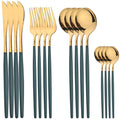 Ljojo 16-Piece Stainless Steel Black Gold Cutlery Set Silverware Dinnerware Flatware