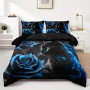 Black Cat Blue Rose Duvet Cover Set - Ljojo Floral Animal Bedding