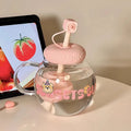 Cute Bear Glass Cup Aesthetic Tumbler With Lid and Straw for Coffee Tea Juice - Ljojo