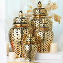 Ljojo™ Gold Ceramic Temple Jar with Lid, Home Decorative Vase, Hollow Storage Jar