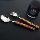 Ljojo 24Pcs Natural Bamboo Handle Stainless Steel Dinnerware Set