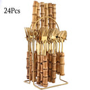 Ljojo 24Pcs Bamboo Handle Stainless Steel Cutlery Set Creative Dinnerware