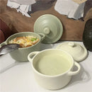 Ceramic 220ml Double Ear Bowl with Cover, Microwave & Oven Safe - Ljojo Brand
