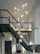 Ljojo Minimalist LED Glass Chandelier, Round Ball Gold Hanging Lights for Staircases