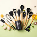 Ljojo 12-Piece Silicone Kitchen Utensil Set with PP Handle and Storage Bucket