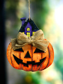 Halloween Pumpkin Ghost Hanging Ornament with Haunted House, Burlap Bow Design
