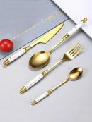 Ljojo 24pcs Ceramic Handle Cutlery Set with Holder - Stainless Steel Knife Fork Spoon