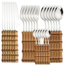 Ljojo 24Pcs Bamboo Handle Stainless Steel Cutlery Set Creative Dinnerware
