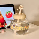 Cute Bear Glass Cup Aesthetic Tumbler With Lid and Straw for Coffee Tea Juice - Ljojo