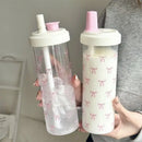 Ljojo 500/850ML Pink Bow Straw Water Bottle Cute Coffee Bubble Milk Tea Cup