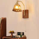Ljojo LED Glass & Wood Wall Lamp for Living Room Bedroom, Pull Chain Switch
