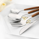 Ljojo 24Pcs Brown Silver Stainless Steel Cutlery Set with Wooden Handle