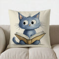 Cute Blue Cat Reading Book Pillow Cover for Sofa, Bedroom, Car - Ljojo