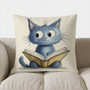 Cute Blue Cat Reading Book Pillow Cover for Sofa, Bedroom, Car - Ljojo