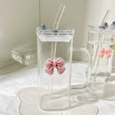 Ljojo 350ML Square Mug with Lids, Straws, Bow Handle - Pink Female Milk Coffee Cup