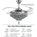 Ljojo Fandelier Chrome Ceiling Fan K9 Crystal Lamp with Retractable Blades for Living Room