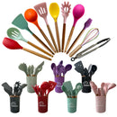 Ljojo 12PCS Silicone Kitchen Utensils Set with Wooden Handle - Non-Stick Cookware & Egg Beaters